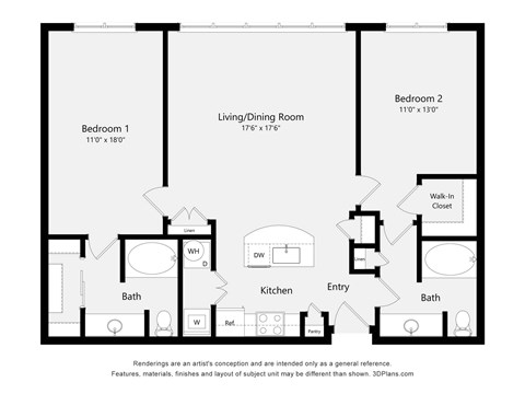 Floor plan for 2 beds, 2 baths, 1144 sqft